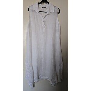M Made in Italy White Linen Sleeveless Shirt Dress Size M Eyelet Lace Hem EUC